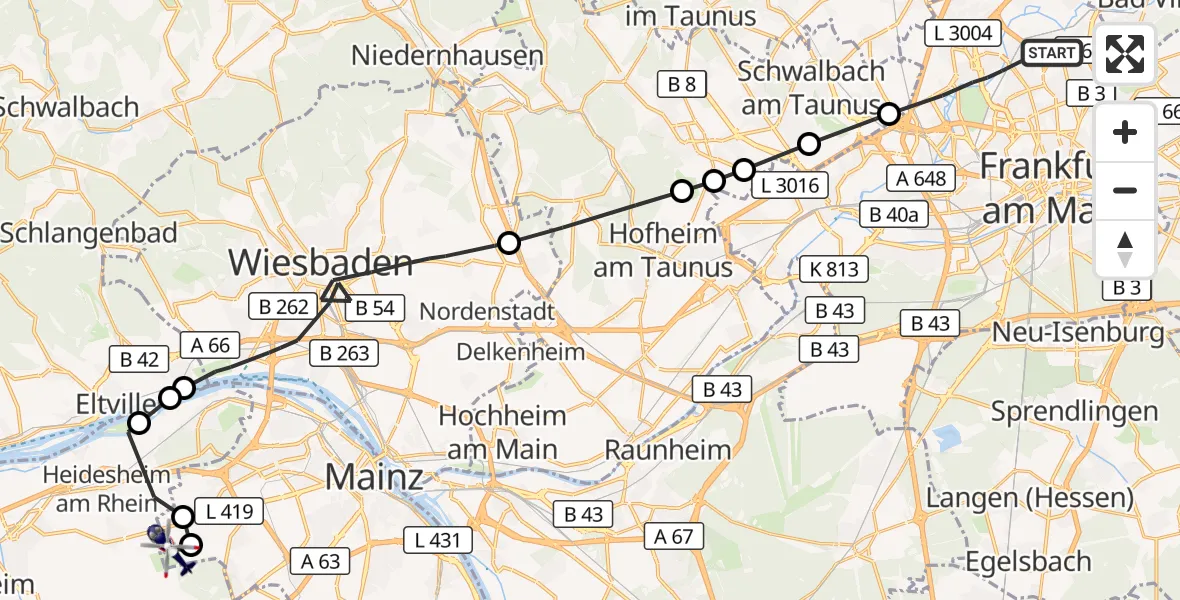 Flugroute Polizeihubschrauber Frankfurt am Main - Mainz-Finthen Flugplatz, 06 August 2026, 08:37
