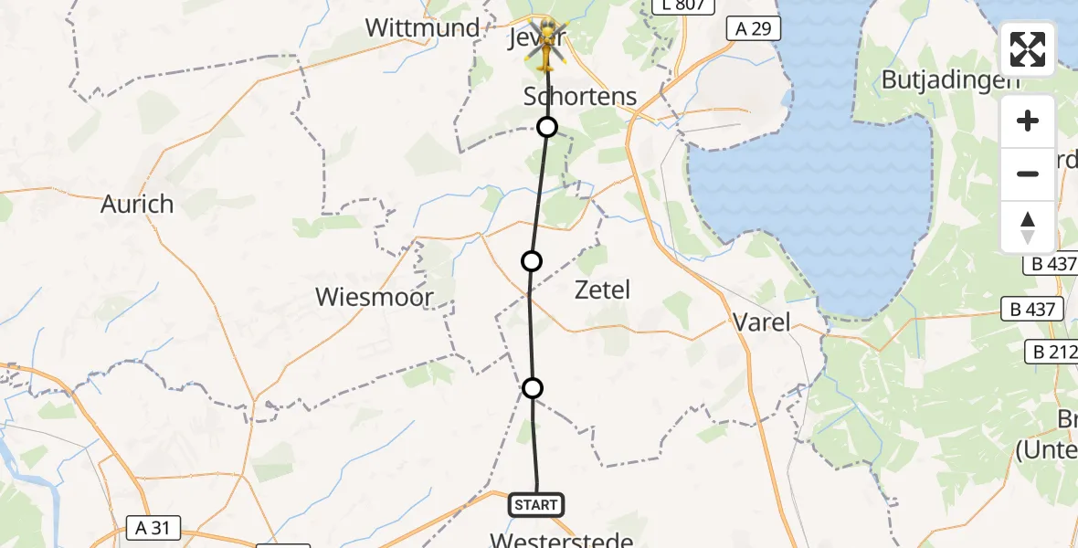 Flugroute Rettungshubschrauber Westerstede - Jever, 06 August 2026, 08:41