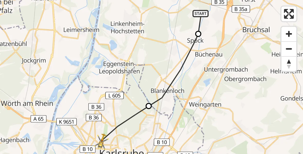 Flugroute Ambulanzhubschrauber Karlsdorf-Neuthard - Karlsruhe, 06 August 2026, 08:45