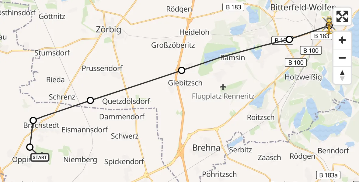 Flugroute Rettungshubschrauber Halle-Oppin Flugplatz - Bitterfield-Wolfen Health Center Hubschrauberlandeplatz, 06 August 2026, 08:52