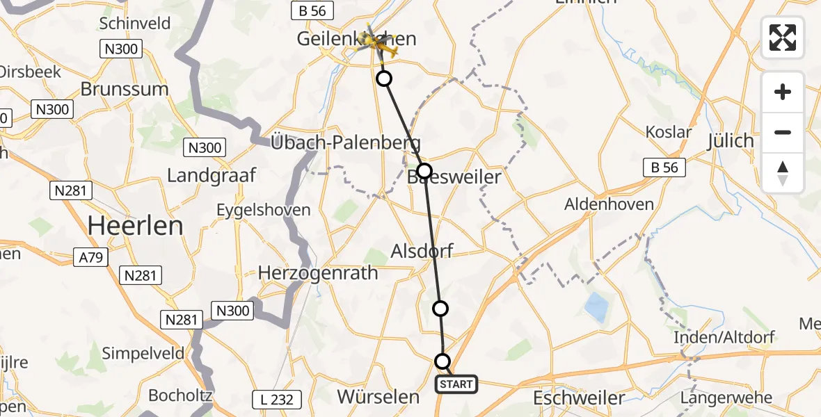 Flugroute Rettungshubschrauber Aachen-Merzbrück Flughafen - Geilenkirchen, 06 August 2026, 09:27