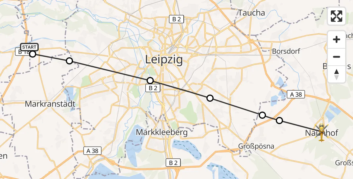 Flugroute Rettungshubschrauber ADAC Air Rescue Station Leipzig/Schkeuditz-Dölzig Hubschrauberlandeplatz (Christoph 61) - Naunhof, 06 August 2026, 09:33