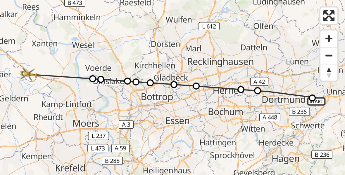 Flugroute Rettungshubschrauber Dortmund Flughafen - Sonsbeck, 06 August 2026, 09:43