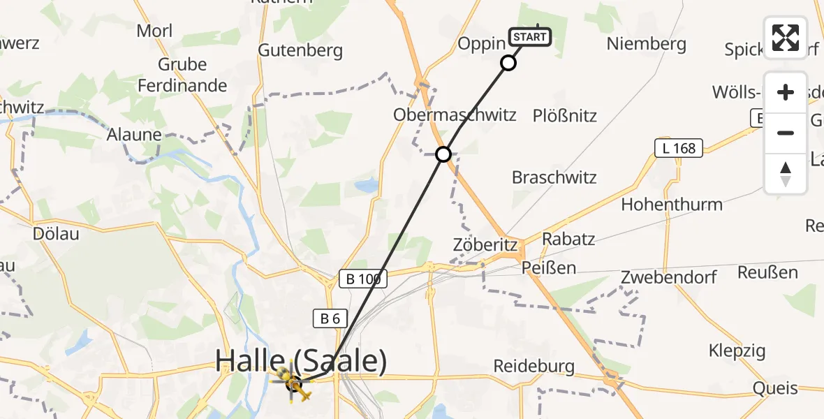 Flugroute Rettungshubschrauber Halle-Oppin Flugplatz - Sankt Elisabeth and Sankt Barbara Hospital Halle (Saale), 06 August 2026, 09:50