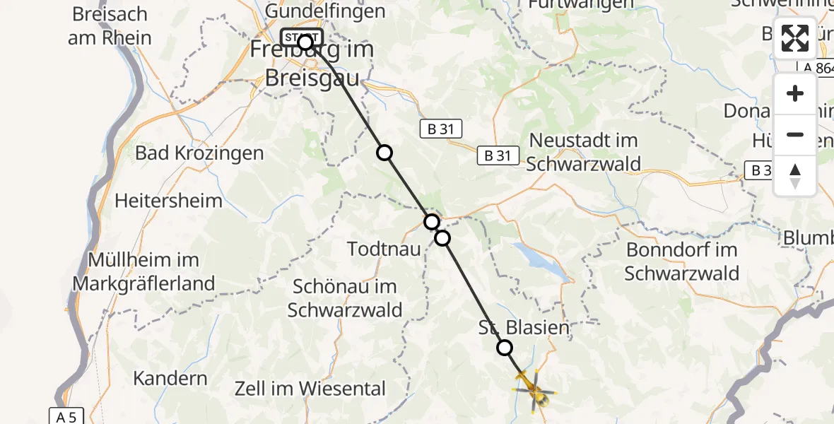 Flugroute Ambulanzhubschrauber Freiburg im Breisgau Flugplatz - Höchenschwand, 06 August 2026, 09:51