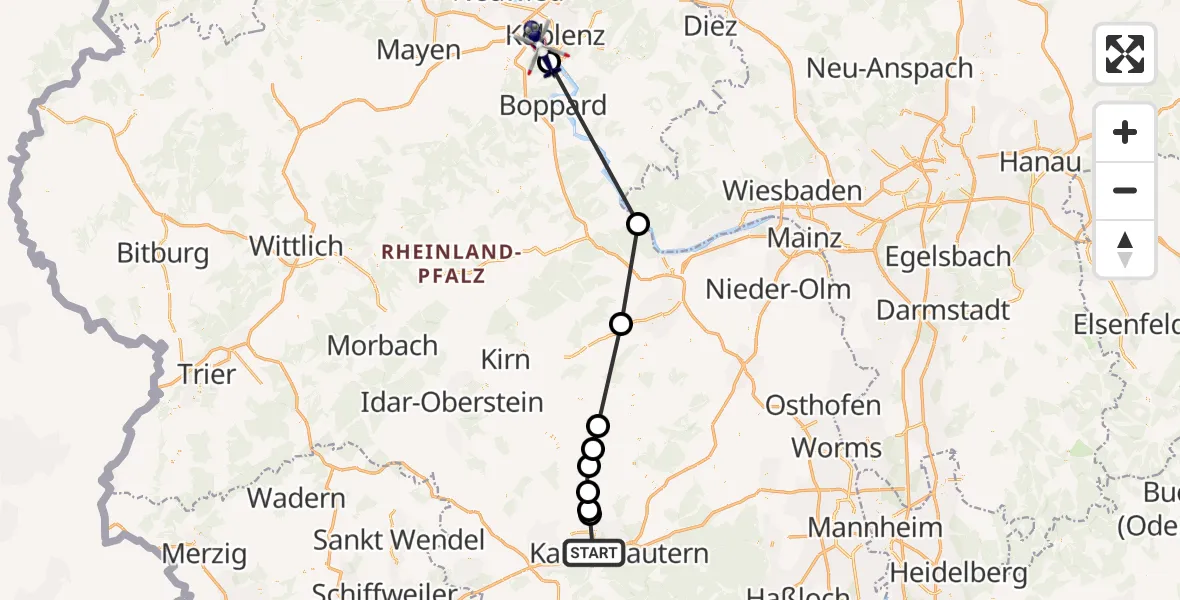 Flugroute Polizeihubschrauber Kaiserslautern - Koblenz, 06 August 2026, 09:56