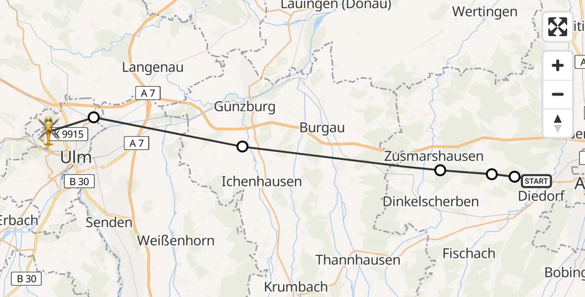 Flugroute Rettungshubschrauber Diedorf - ADAC Air Rescue Station Ulm (Christoph 22), 06 August 2026, 09:59