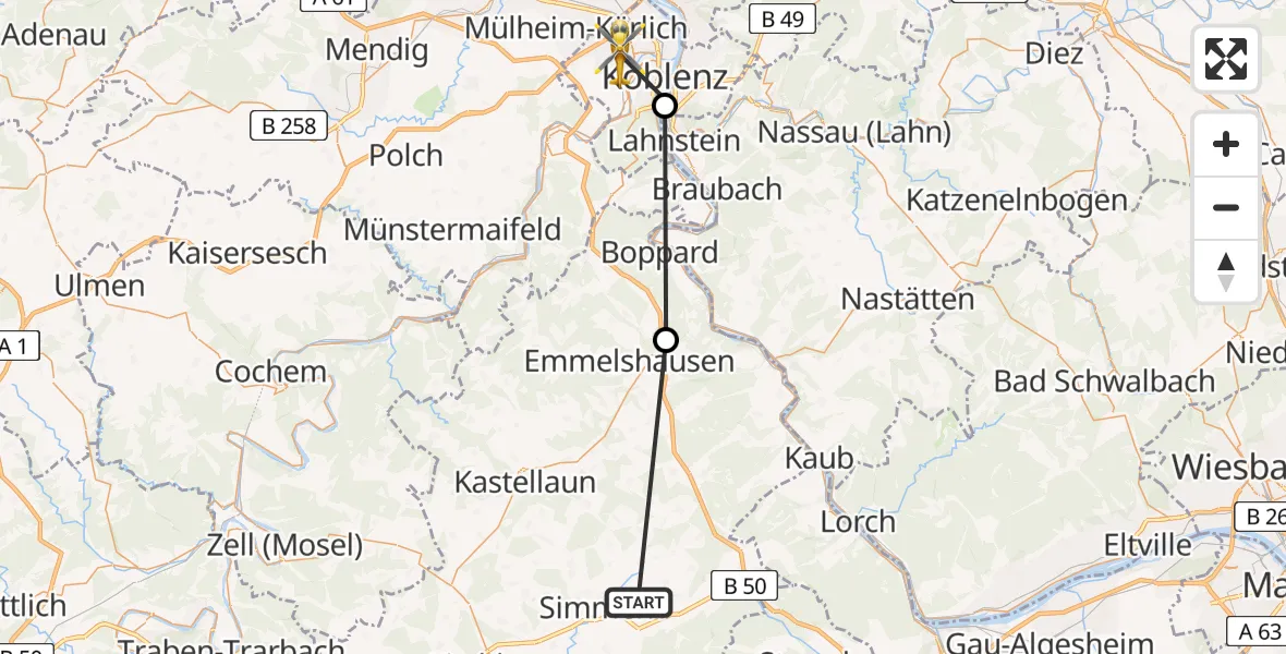 Flugroute Rettungshubschrauber Altweidelbach - Koblenz, 06 August 2026, 10:10
