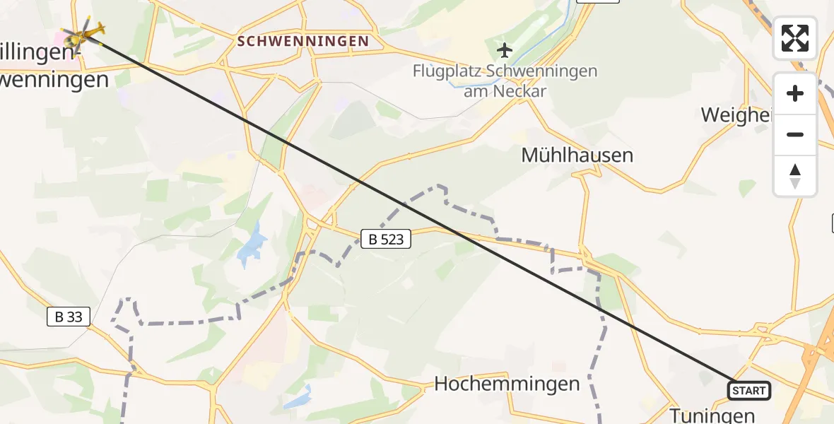 Flugroute Ambulanzhubschrauber Tuningen - DRF Air Rescue Station Villingen-Schwenningen Hubschrauberlandeplatz (Christoph 11), 06 August 2026, 10:10
