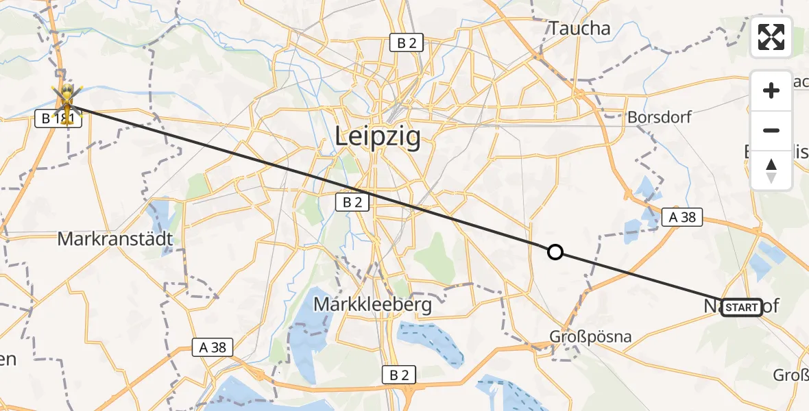 Flugroute Rettungshubschrauber Naunhof - ADAC Air Rescue Station Leipzig/Schkeuditz-Dölzig Hubschrauberlandeplatz (Christoph 61), 06 August 2026, 10:17