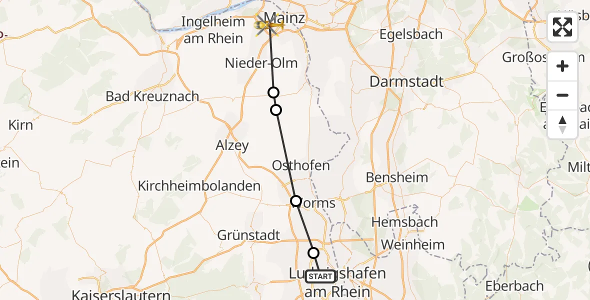 Flugroute Rettungshubschrauber Ludwigshafen Accident Hospital - Mainz, 06 August 2026, 10:18