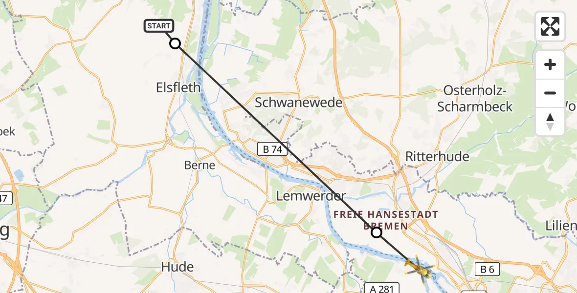Flugroute Rettungshubschrauber Ovelgönne - Bremen, 06 August 2026, 10:22