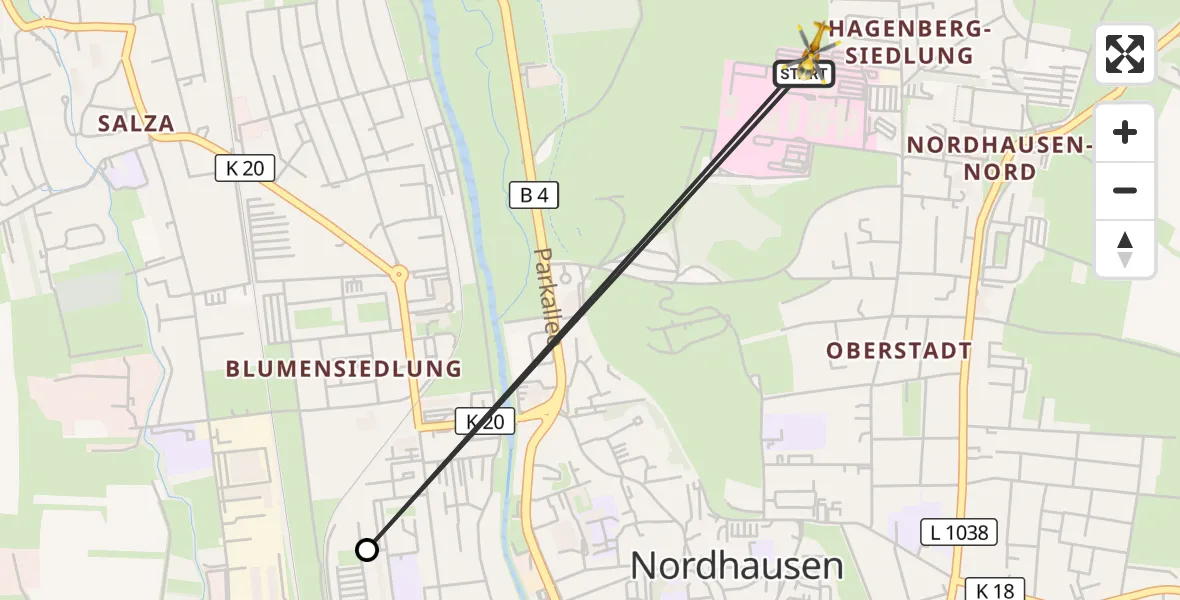 Flugroute Rettungshubschrauber Südharz Hospital Nordhausen - Südharz Hospital Nordhausen, 06 August 2026, 10:32