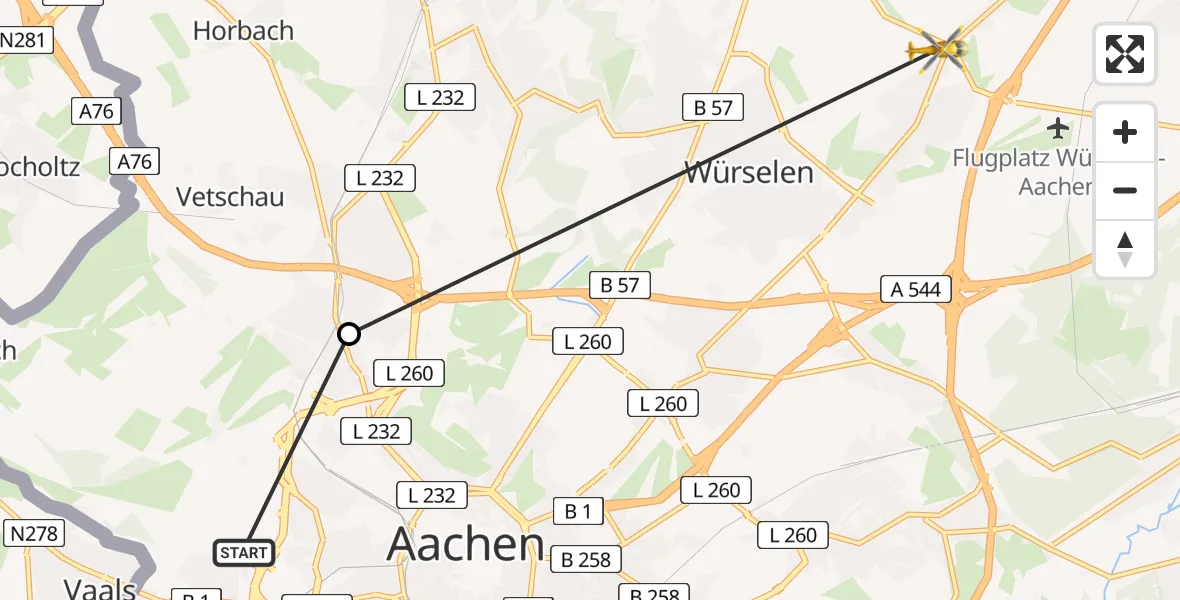 Flugroute Rettungshubschrauber Aachen Hospital - Würselen, 06 August 2026, 10:32
