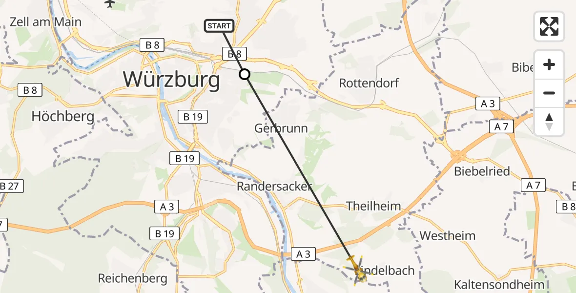 Flugroute Rettungshubschrauber Würzburg University Hospital Straubmühlweg - Randersacker, 06 August 2026, 10:34