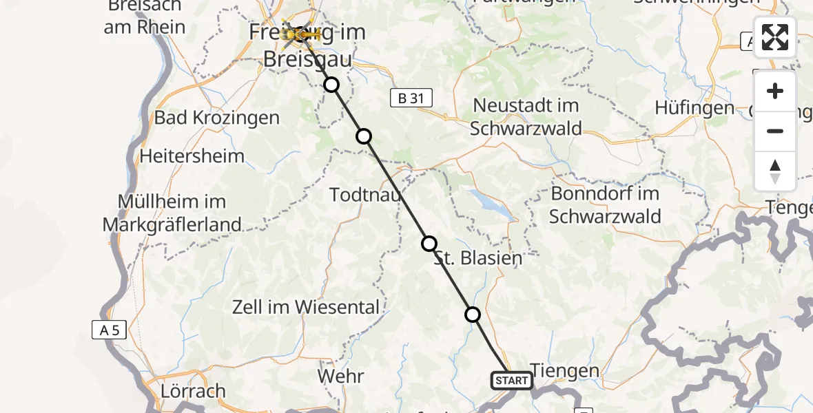 Flugroute Ambulanzhubschrauber Waldshut-Tiengen - Freiburg University Hospital Heliport 1, 06 August 2026, 10:40