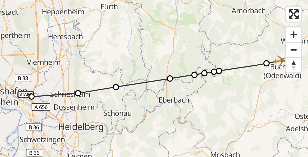 Flugroute Rettungshubschrauber Mannheim-City Flughafen - Buchen (Odenwald), 06 August 2026, 10:47
