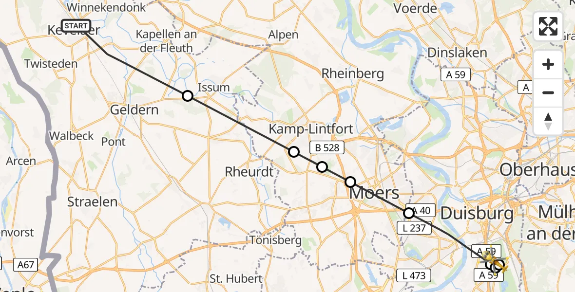 Flugroute Rettungshubschrauber Kevelaer - Sana Clinic Duisburg Hubschrauberlandeplatz, 06 August 2026, 10:49