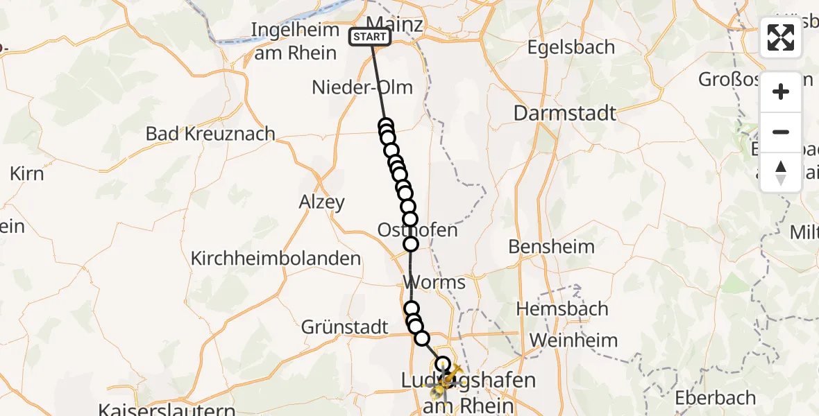 Flugroute Rettungshubschrauber Mainz - Ludwigshafen Accident Hospital, 06 August 2026, 10:52