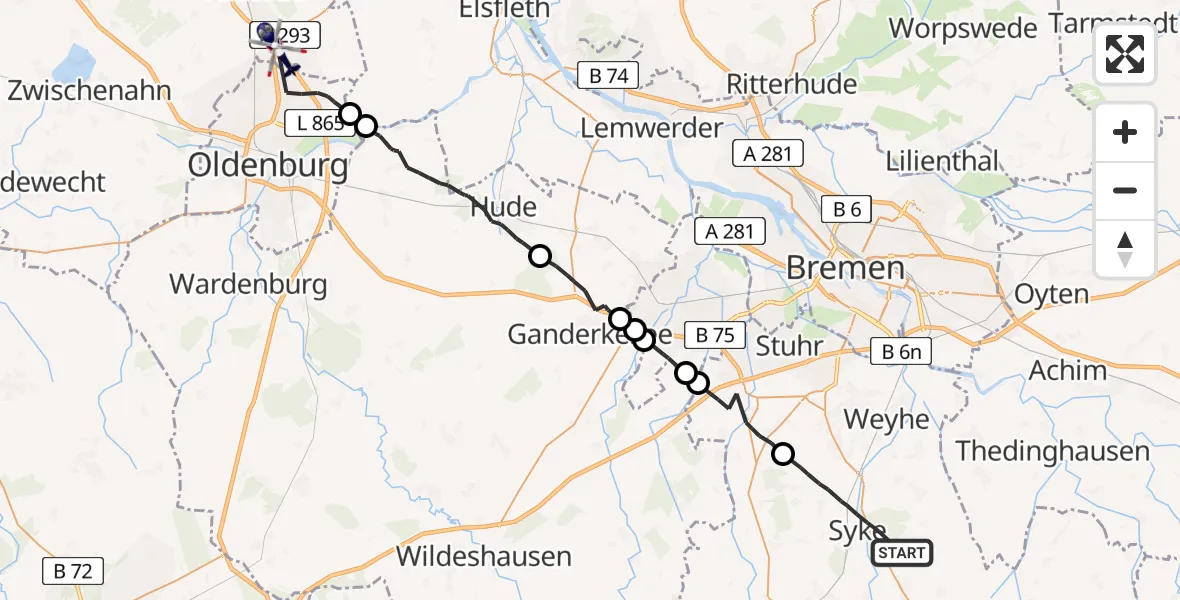 Flugroute Polizeihubschrauber Syke - Rastede, 06 August 2026, 11:02