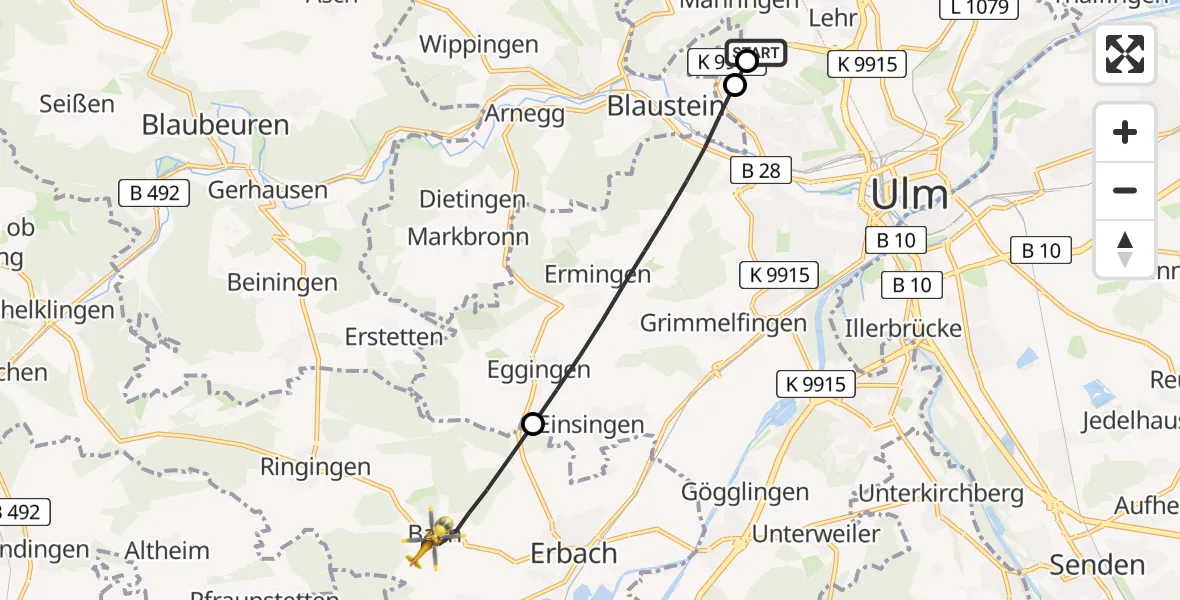 Flugroute Rettungshubschrauber Ulm Military Hospital Emergency - Erbach, 06 August 2026, 11:03