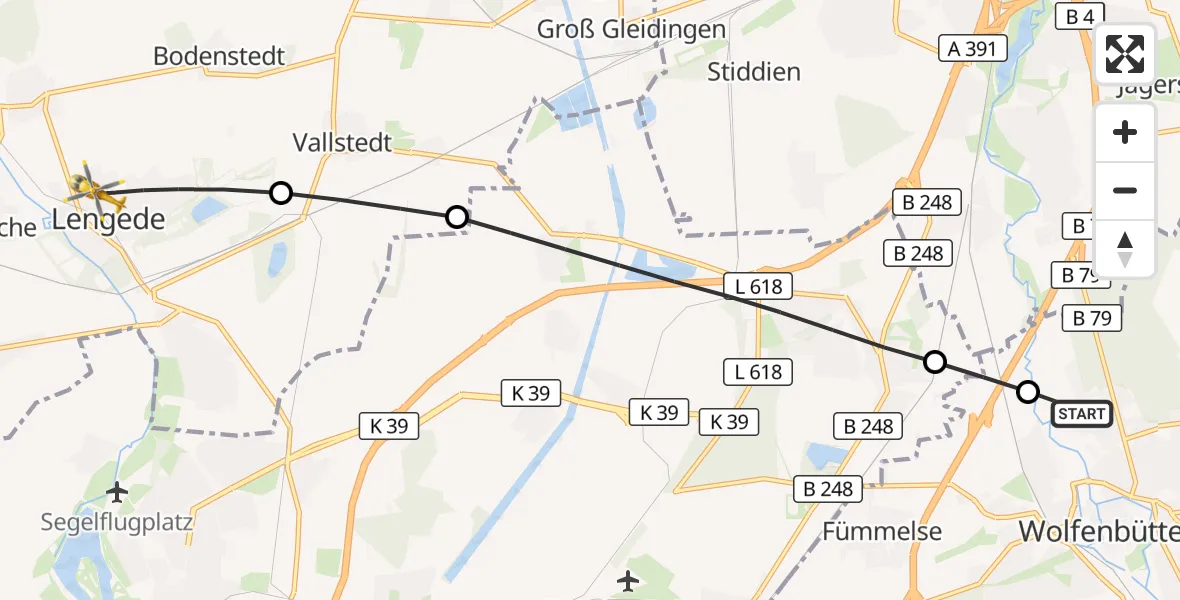 Flugroute Rettungshubschrauber Wolfenbüttel Municipal Hospital Heliport (Christoph 30) - Lengede, 06 August 2026, 11:04