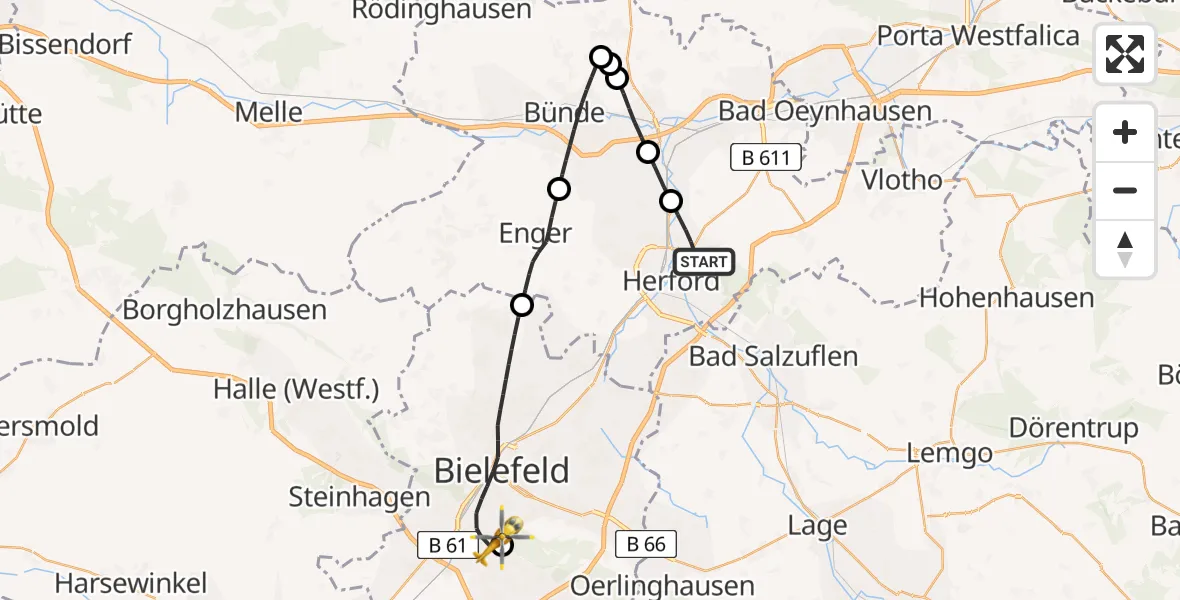 Flugroute Rettungshubschrauber Herford - Luftrettungszentrum Bielefeld, 06 August 2026, 11:08