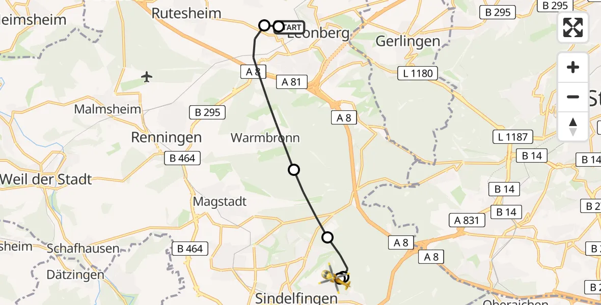 Flugroute Rettungshubschrauber Leonberg Hospital - Sindelfingen Hospital, 06 August 2026, 11:15