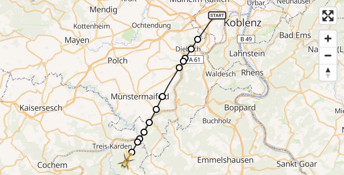 Flugroute Rettungshubschrauber Koblenz - Treis-Karden, 06 August 2026, 11:17