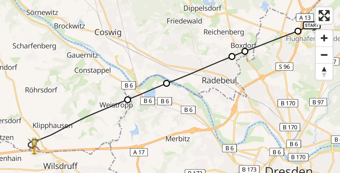 Flugroute Rettungshubschrauber Dresden Flughafen - Klipphausen, 06 August 2026, 11:18