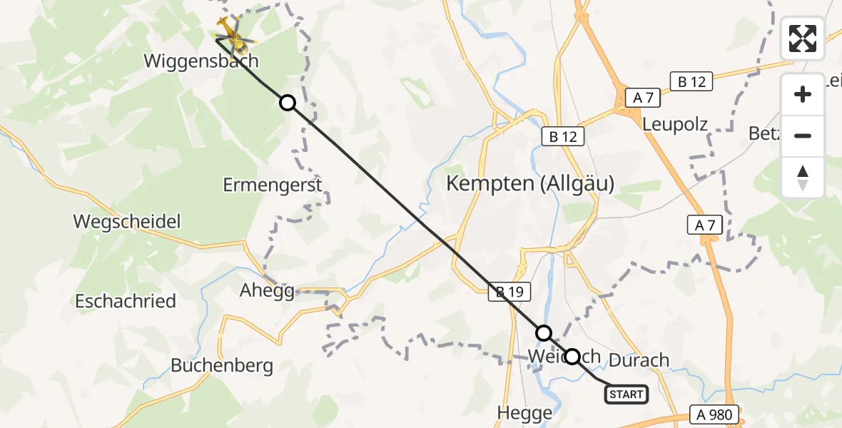 Flugroute Rettungshubschrauber Kempten-Durach Flugplatz - Wiggensbach, 06 August 2026, 11:23
