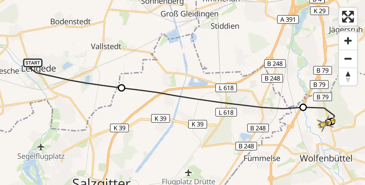 Flugroute Rettungshubschrauber Lengede - Wolfenbüttel Municipal Hospital Heliport (Christoph 30), 06 August 2026, 11:32