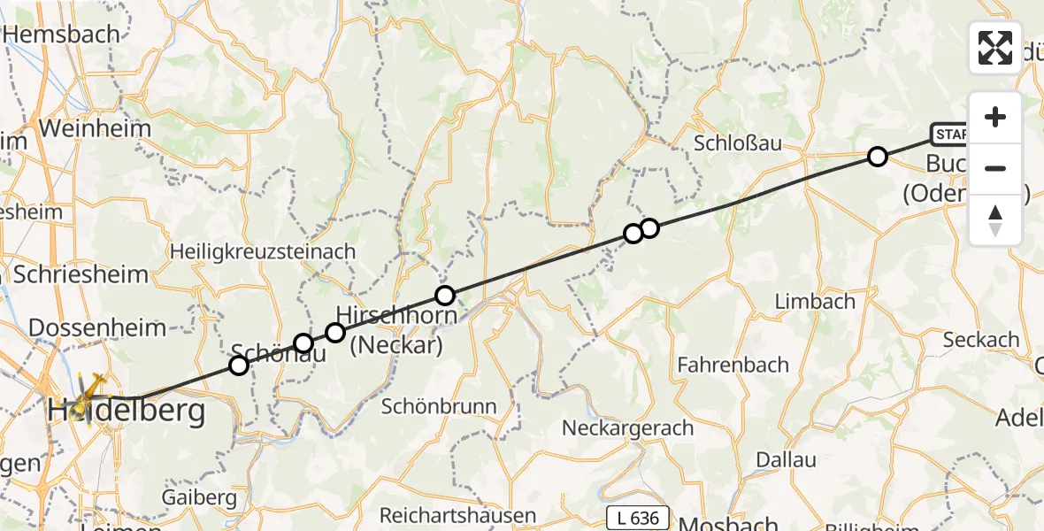 Flugroute Rettungshubschrauber Buchen (Odenwald) - Heidelberg, 06 August 2026, 11:34