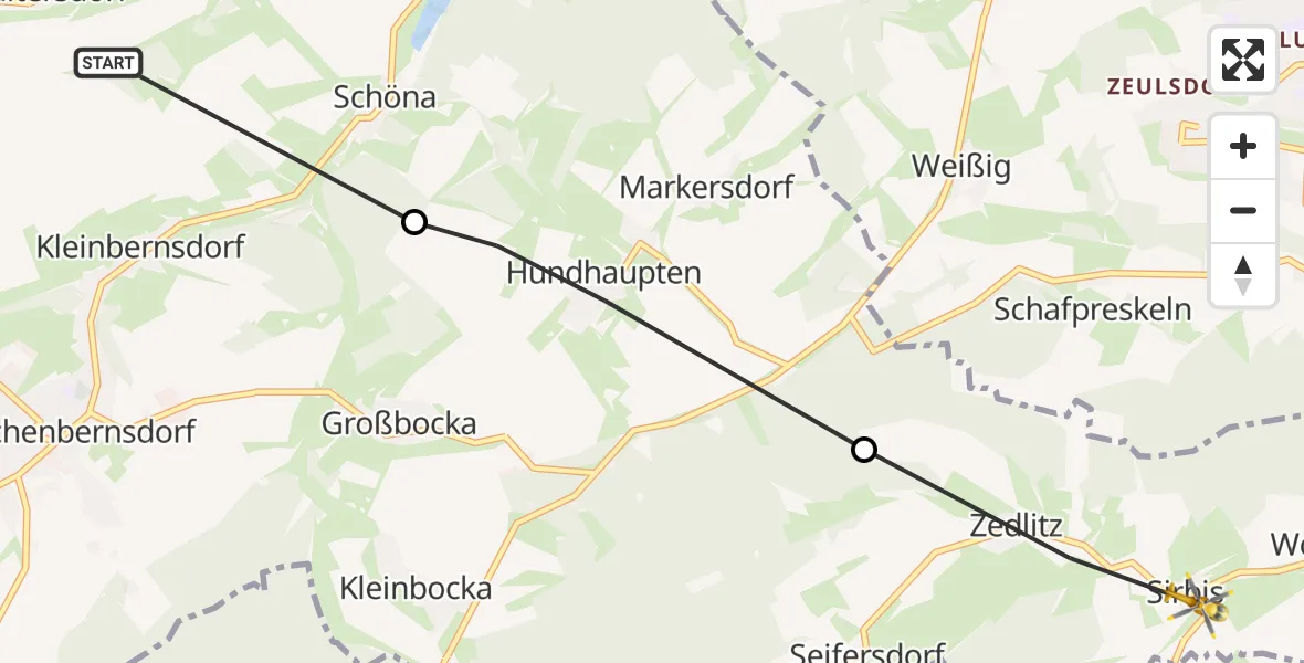 Flugroute Rettungshubschrauber Münchenbernsdorf - Zedlitz, 06 August 2026, 11:34