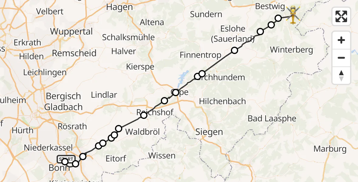 Flugroute Rettungshubschrauber Sankt Augustin - Olsberg, 06 August 2026, 11:34