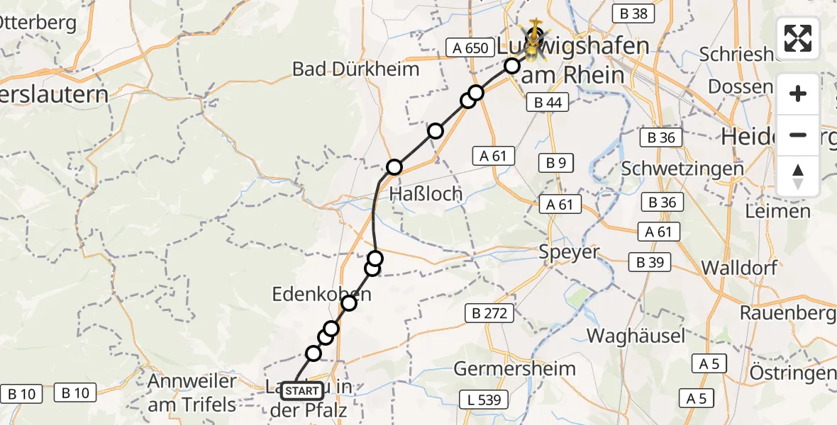 Flugroute Ambulanzhubschrauber Landau in der Pfalz - Ludwigshafen Accident Hospital, 06 August 2026, 11:39