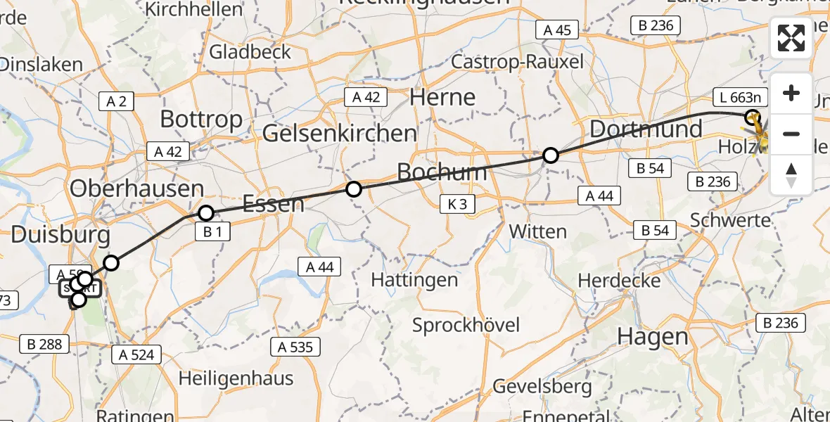Flugroute Rettungshubschrauber Sana Clinic Duisburg Hubschrauberlandeplatz - Dortmund Flughafen, 06 August 2026, 11:42