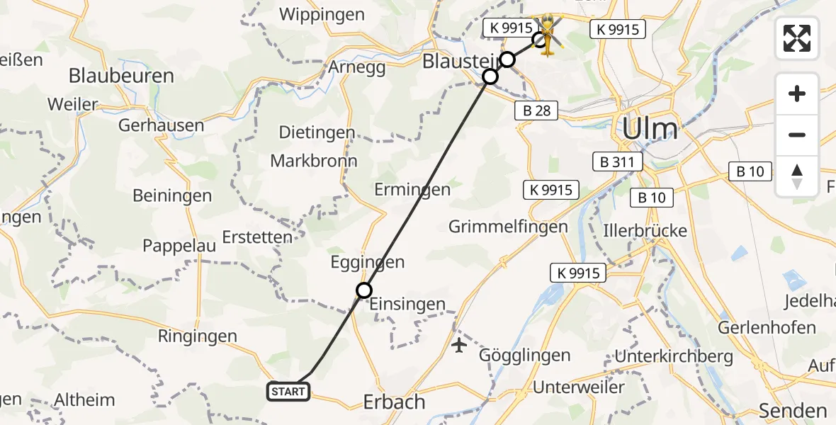 Flugroute Rettungshubschrauber Erbach - Ulm Military Hospital Emergency Hubschrauberlandeplatz, 06 August 2026, 11:47