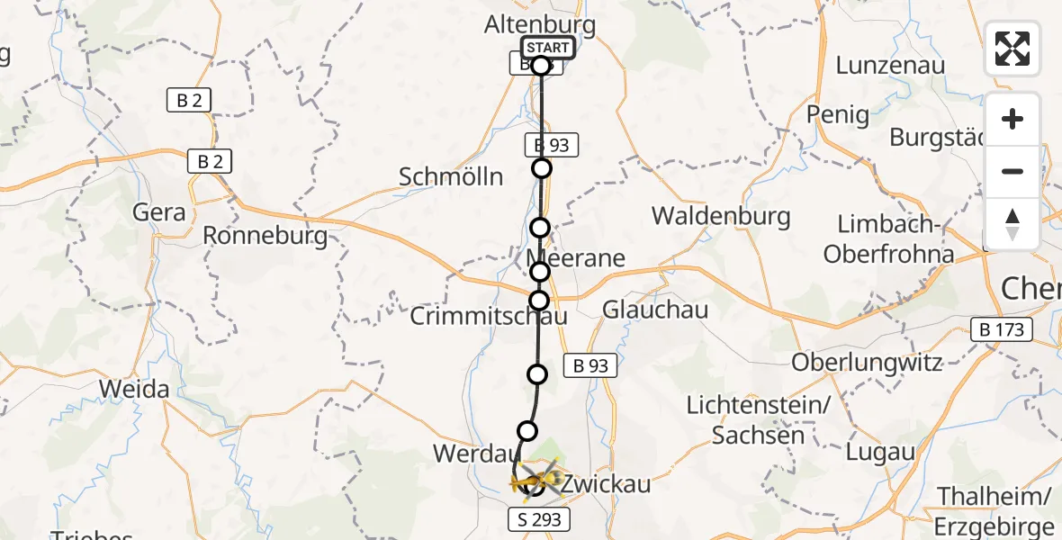 Flugroute Rettungshubschrauber Altenburg - ADAC Air Rescue Station Zwickau Hubschrauberlandeplatz, 06 August 2026, 11:50