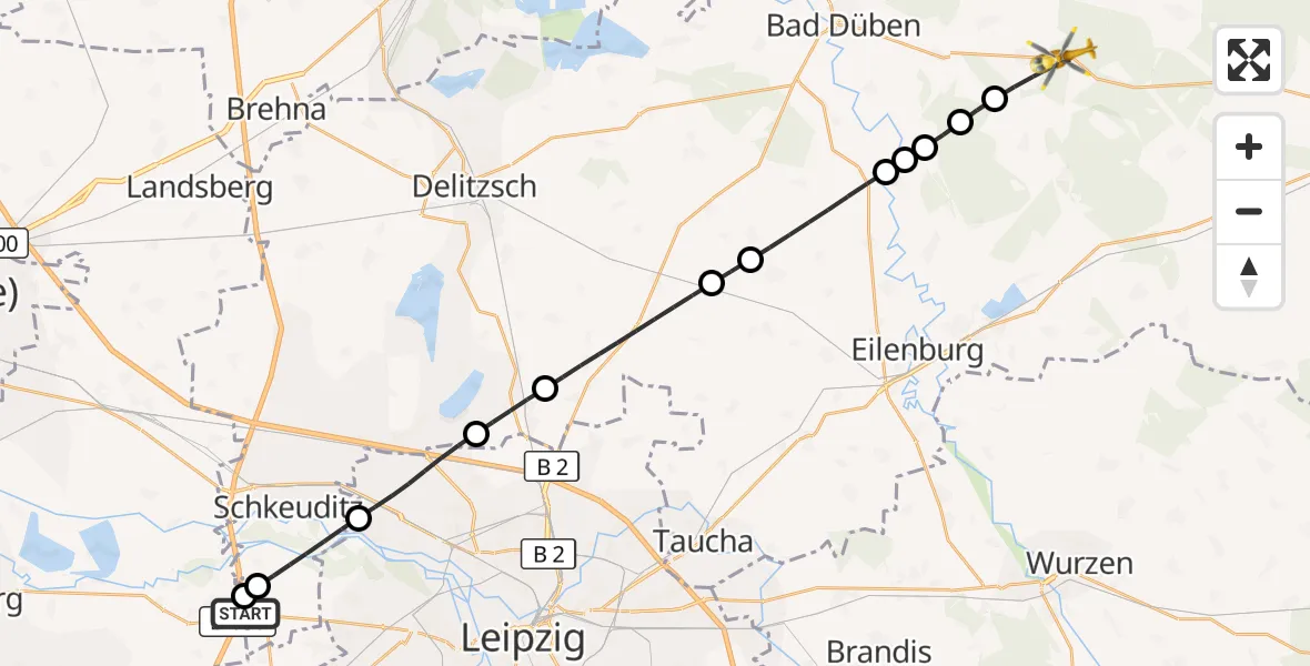 Flugroute Rettungshubschrauber ADAC Air Rescue Station Leipzig/Schkeuditz-Dölzig Hubschrauberlandeplatz (Christoph 61) - Laußig, 06 August 2026, 11:52