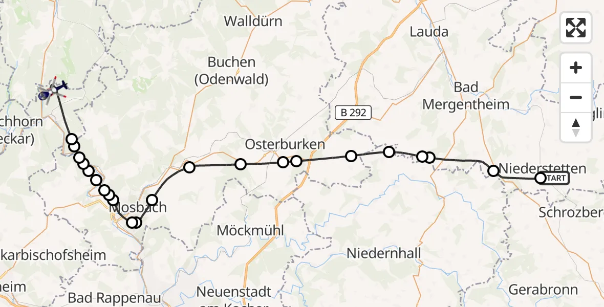 Flugroute Polizeihubschrauber Militärflugplatz Niederstetten - Eberbach, 06 August 2026, 12:00