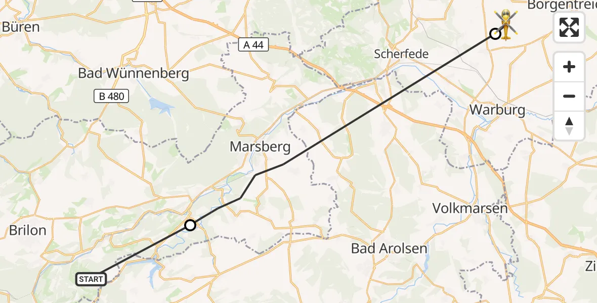 Flugroute Rettungshubschrauber Brilon - Borgentreich, 06 August 2026, 12:06