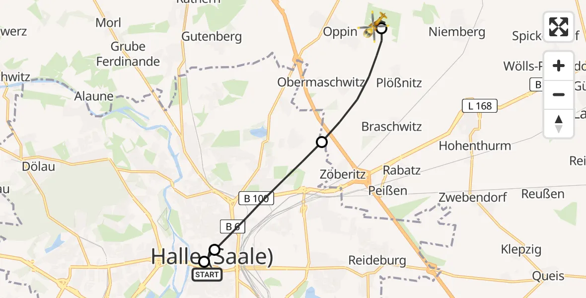 Flugroute Rettungshubschrauber Sankt Elisabeth and Sankt Barbara Hospital Halle (Saale) - Halle-Oppin Flugplatz, 06 August 2026, 12:11