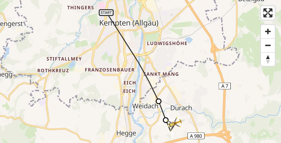 Flugroute Rettungshubschrauber Kempten (Allgäu) - Kempten-Durach Flugplatz, 06 August 2026, 12:16