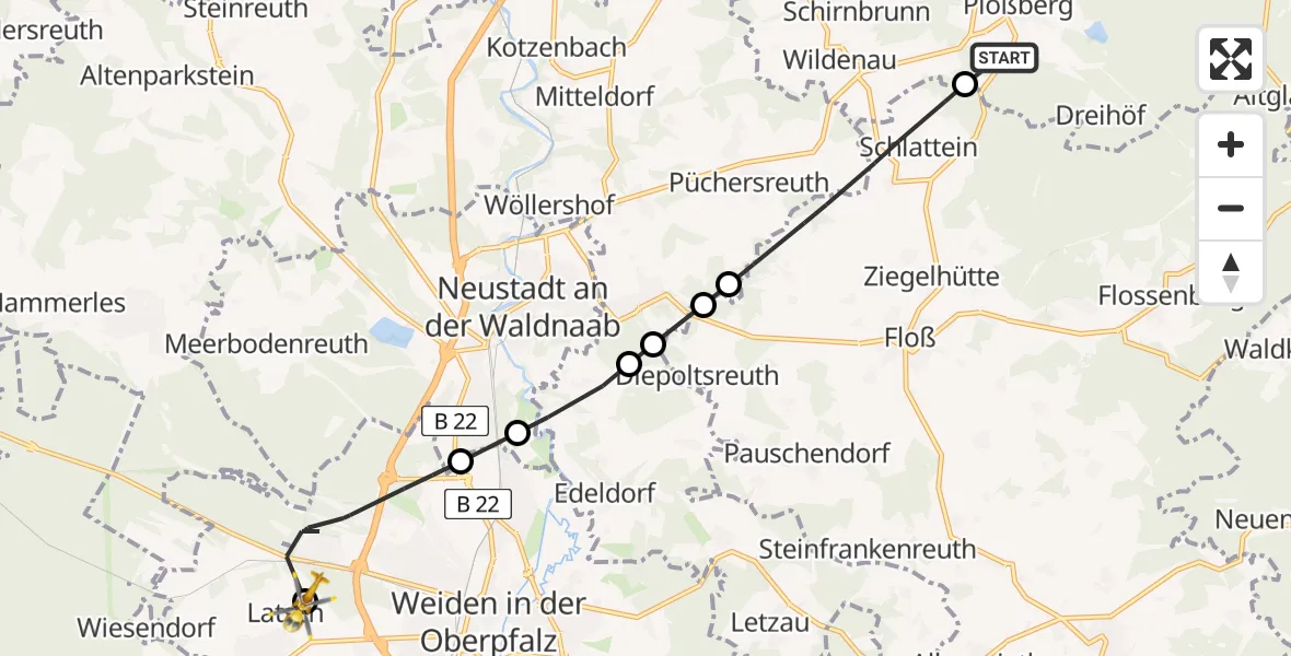 Flugroute Ambulanzhubschrauber Plößberg - Weiden in der Oberpfalz Flugplatz, 06 August 2026, 12:17
