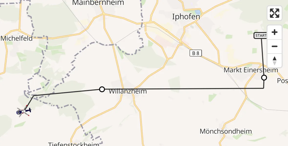 Flugroute Polizeihubschrauber Iphofen - Obernbreit, 06 August 2026, 12:19