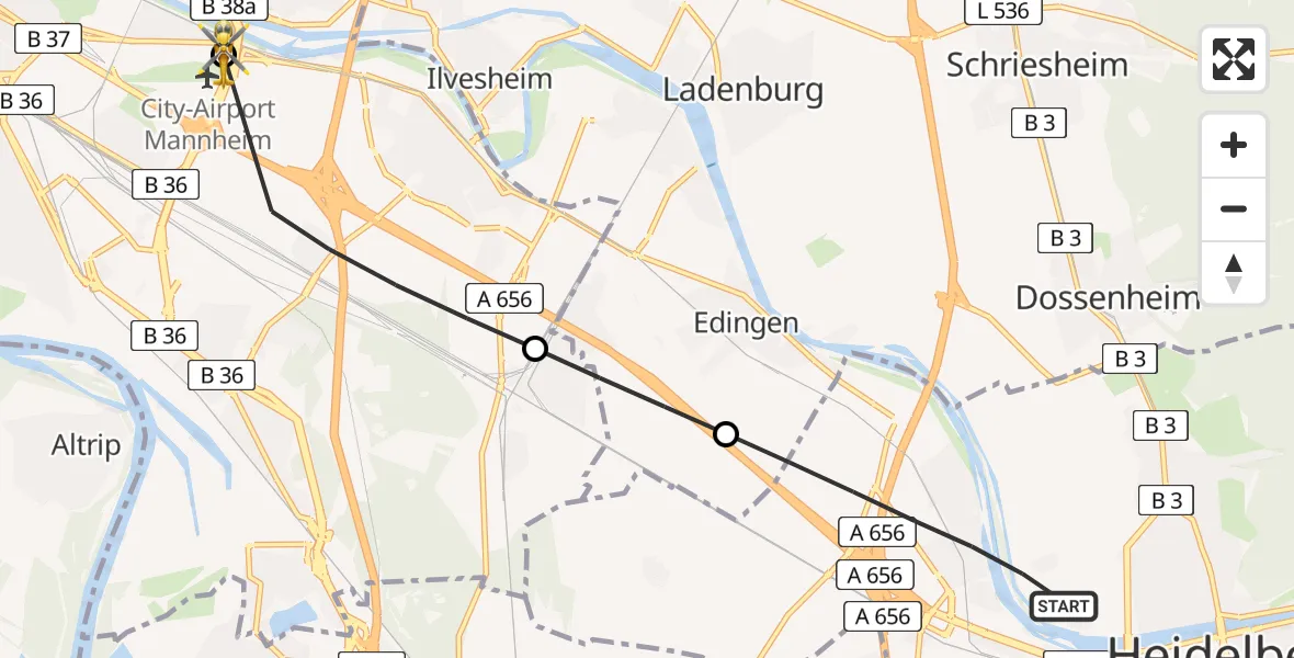 Flugroute Rettungshubschrauber Heidelberg - Mannheim-City Flughafen, 06 August 2026, 12:25