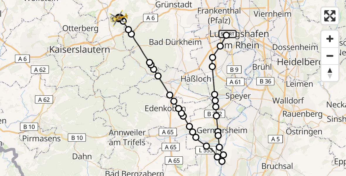 Flugroute Ambulanzhubschrauber Ludwigshafen Accident Hospital - Neuhemsbach, 06 August 2026, 12:32