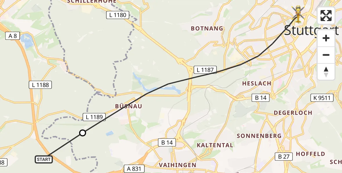Flugroute Rettungshubschrauber Sindelfingen - Stuttgart, 06 August 2026, 12:32