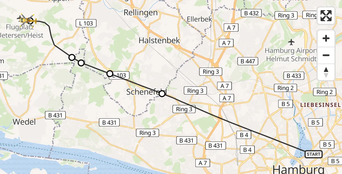 Flugroute Ambulanzhubschrauber Hamburg - Uetersen-Heist Flugplatz, 06 August 2026, 12:34
